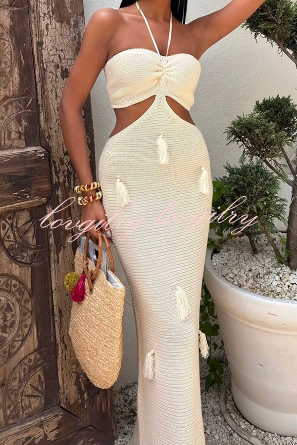 Fashion Halterneck Waist-baring Tassel-embellished Knitted Maxi Dress