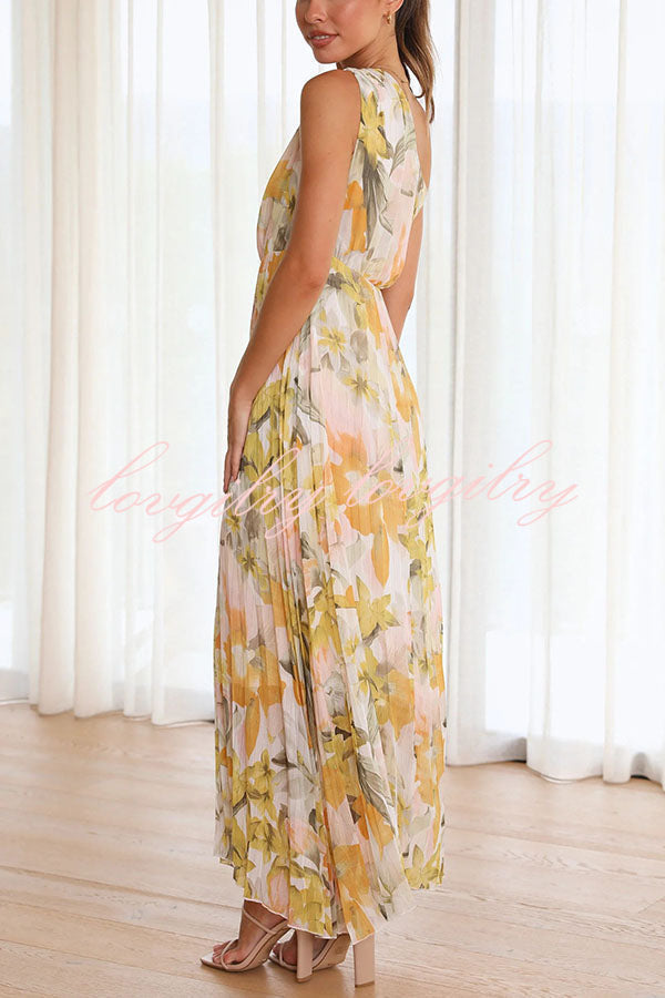 Saw An Angel Floral One Shoulder Elastic Waist Pleated Maxi Dress