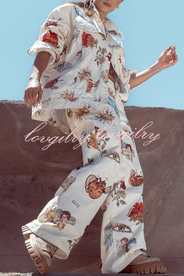 Angel Wings Denim Unique Print Button Up Long Sleeve Pocketed Relaxed Jacket