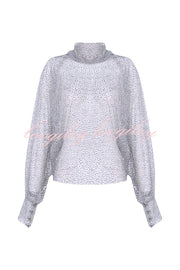 Wear Tool Glitter Decoration Mesh High Neck Lantern Sleeve Blouse