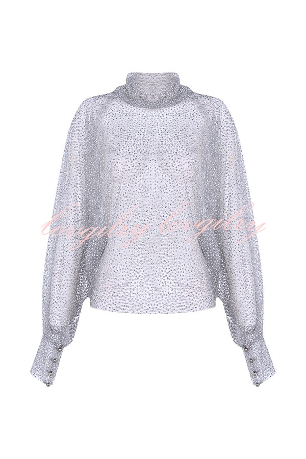 Wear Tool Glitter Decoration Mesh High Neck Lantern Sleeve Blouse