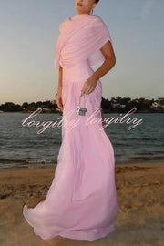 Elegant Mesh Cape-style Pleated Draped Maxi Dress