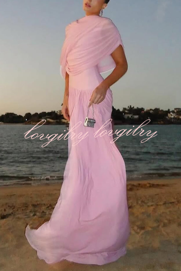 Elegant Mesh Cape-style Pleated Draped Maxi Dress