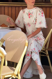 City Life Satin Floral Print Bell Sleeve Fitted Silhouette Maxi Dress