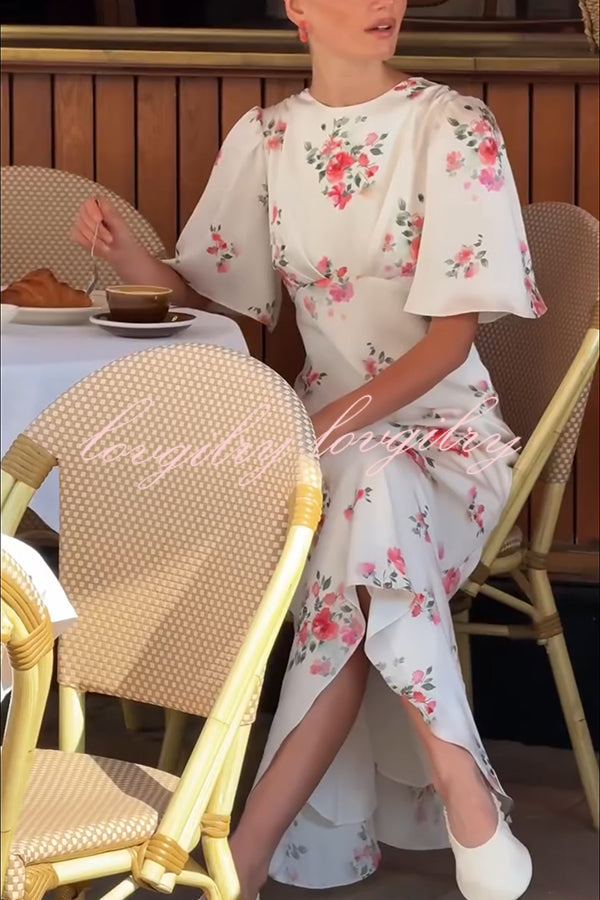 City Life Satin Floral Print Bell Sleeve Fitted Silhouette Maxi Dress