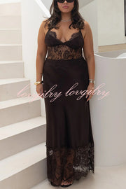 Elegant Evening Satin Lace Patchwork See-through Waist Slip Maxi Dress