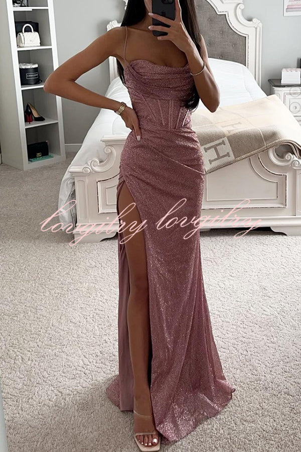 Romantic Occasion Sequin Cowl Neck Corset Slit Maxi Dress