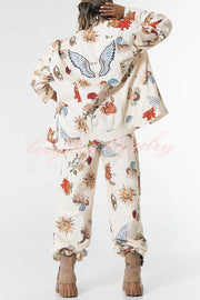 Angel Wings Denim Unique Print Mid Rise Pocket Loose Pants