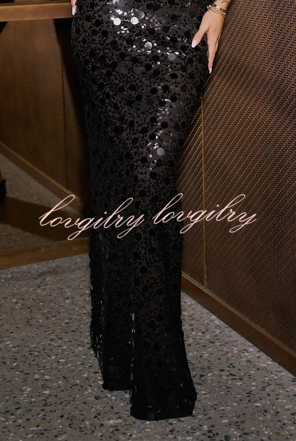 Twilight Muse Polka Dot Sequins Cape Sleeve Front Cutout Slit Maxi Dress