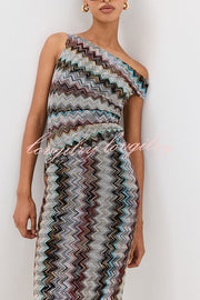 Cocktails and Vacation Knit Colorful Zigzag Pattern One Shoulder Slit Maxi Dress