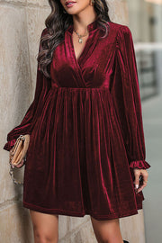 Solid Color Velvet V-Neck Long Sleeve Loose Mini Dress