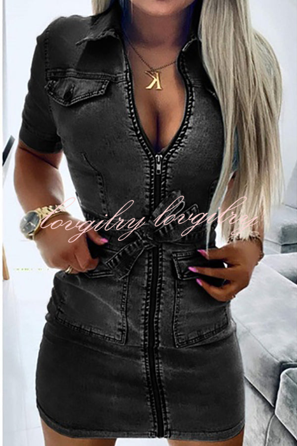 Tie Waist Zipped Pocket Denim Mini Dress