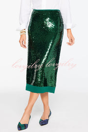 Shimmer Scene Sequin Patchwork Hem High Rise Slit Pencil Midi Skirt