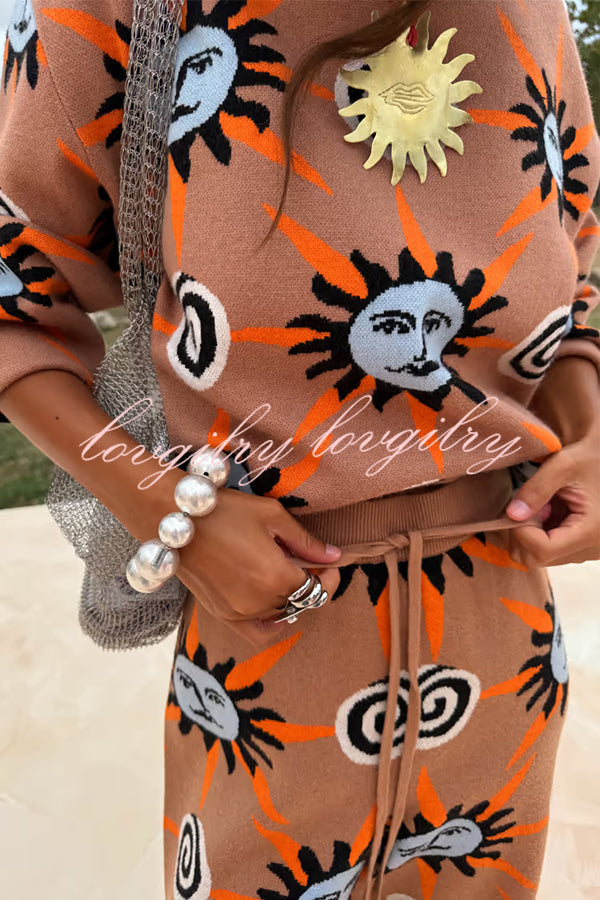 Mediterranean Art Knit Unique Sun Vortex Print Elastic Waist Wide Leg Pants