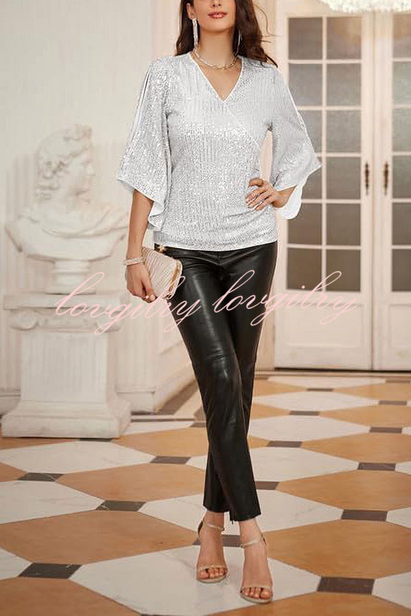 Solid Color Sequined V-neck Hollow Sleeve Slim Fit Top