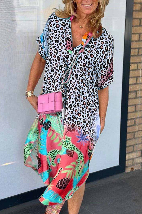 Fashion Leopard Print Short Sleeve Pocket Loose Midi Dress