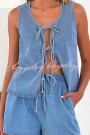 Solid Color Sleeveless Tie Top and Elastic Waist Loose Pocket Denim Shorts Set