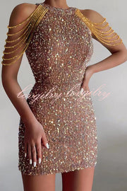 Looking At The Glamorous View Sequin Tassel Shoulder Cocktail Mini Dress