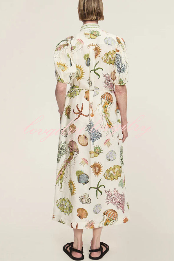 Deep Sea Dreaming Linen Blend Unique Print Puff Sleeve Lace-up Pocketed Midi Dress