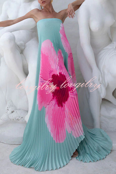All about Her Pleated Floral Print Off Shoulder A-line Maxi Dress