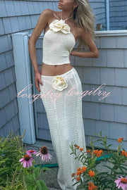 Blooming Sexy Knit Floral Halter Top and Stretch Crochet Maxi Skirt Cover-up Set