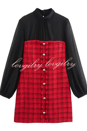 Festive Elegance Tulle Plaid Tweed Patchwork Balloon Sleeve Mini Dress