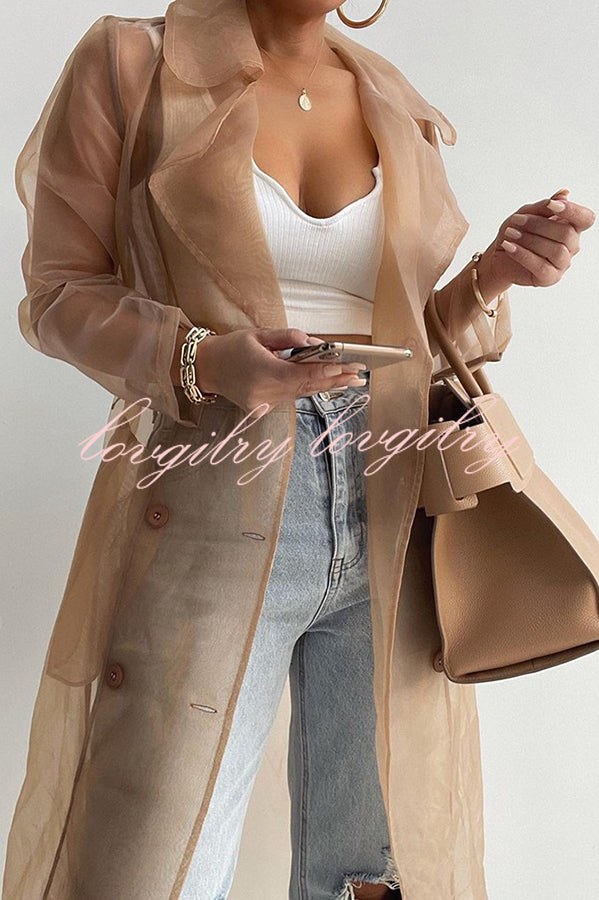 Solid Color Patchwork Button Belt Pocket Long Sleeve Coat