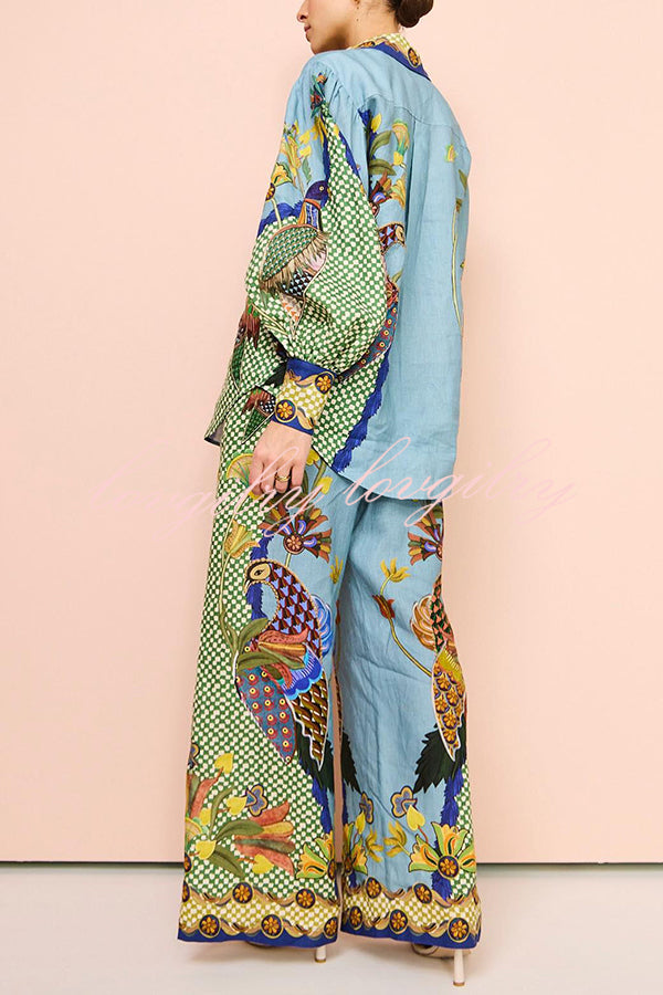 Sun Seeking Unique Heaven Bird Print Balloon Sleeve Button Loose Shirt