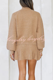 Solid Color Round Neck Puff Sleeve Loose Knit Sweater and Casual Striped Mini Skirt Set