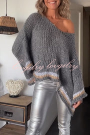 Autumn Treasure Knit Striped Trim Hollow Out Loose Pullover Sweater