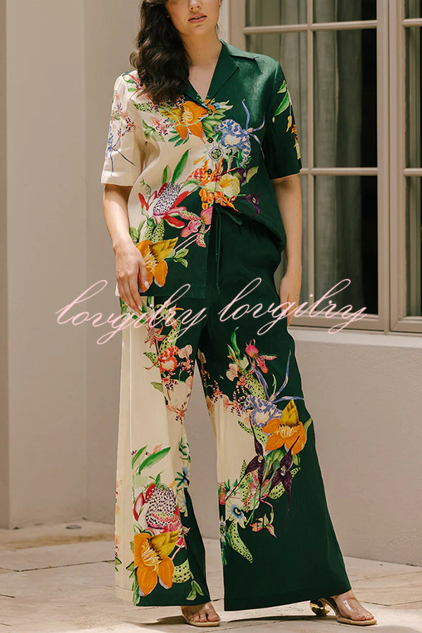 Island Linen Blend Unique Print Short Sleeve Loose Shirt and Elastic Waist Pocket Pants Set