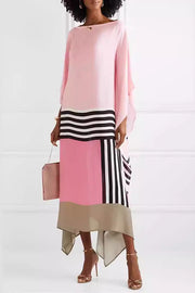 Unique Striped Print Crew Neck Loose Midi Dress