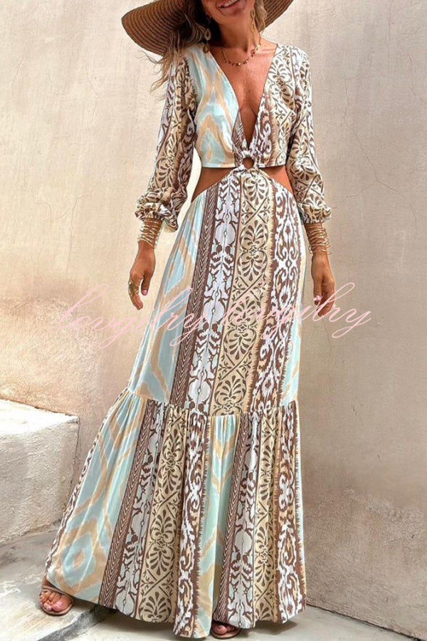 Sefora Unique Color Block Print Long Sleeve Ring Cutout Back Tie-up Maxi Dress