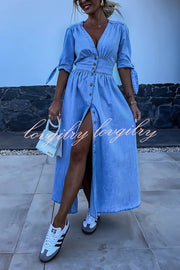 Solid Color V-neck Button-down Denim Midi Dress