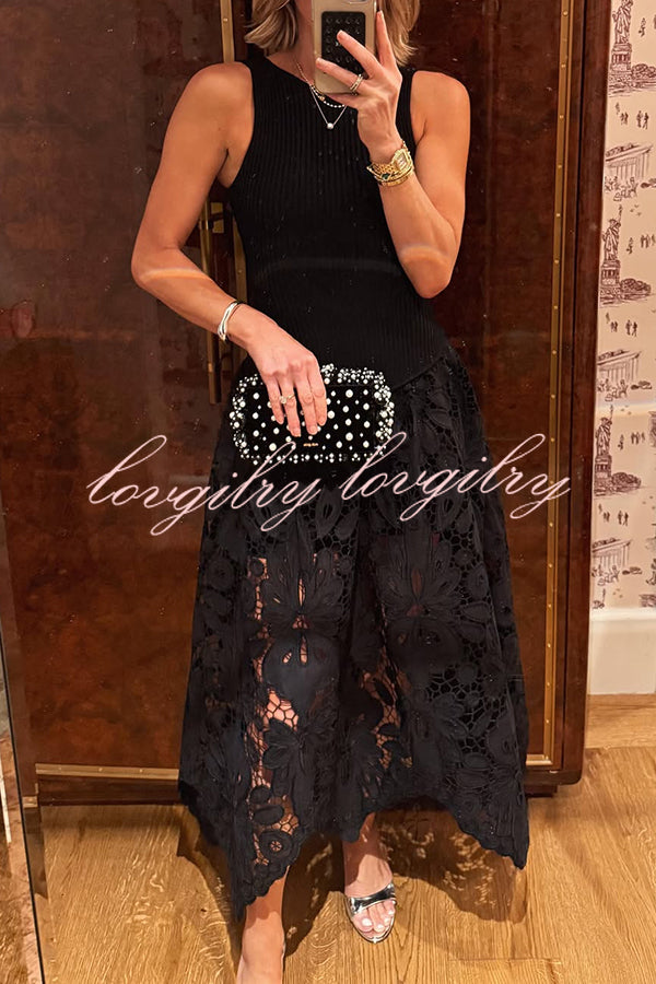 Atlas Asymmetric Ribbed-knit and Guipure Lace Back Zipper Midi Dress