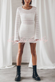 Sunset Love Knit Open Back Tie-up Flare Sleeve Cover Up Mini Dress