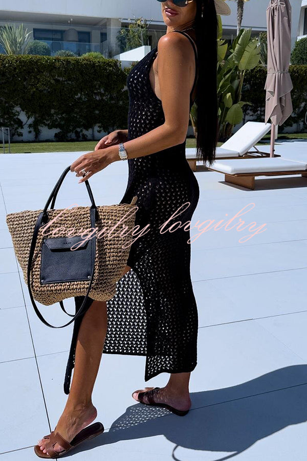 Solid Color V-neck Hollow Beach Knitted Cover-up Midi Dress
