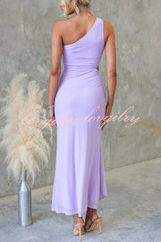 Solid Color Elegant Mesh One Shoulder Sexy Waist Hollow Out Maxi Dress