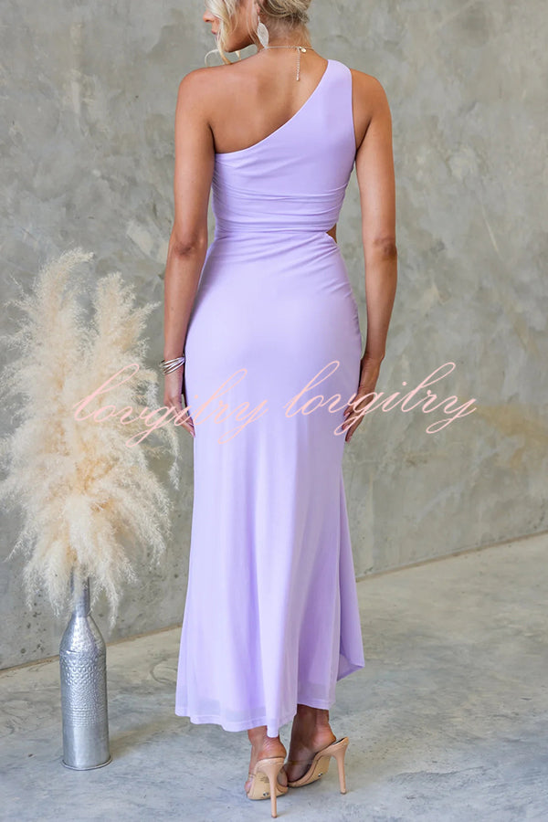 Solid Color Elegant Mesh One Shoulder Sexy Waist Hollow Out Maxi Dress