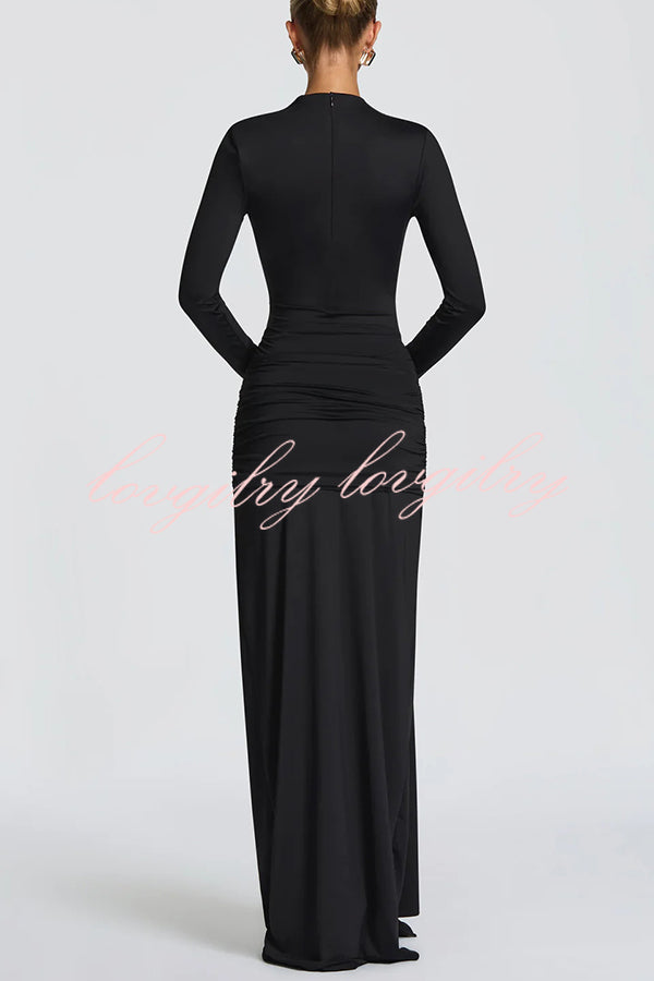 Sexy Cutout Fitted Long-sleeved Pleated Satin Ribbon Maxi Dresses