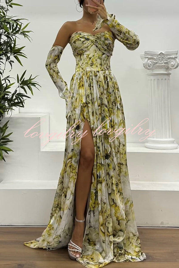 Reina Chiffon Floral Print Pleated Bodice Split Sleeve Strapless Slit Maxi Dress