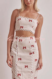 Rosa Linen Blend Bow Print Scallop Lace Trim Crop Tank and High Rise Slit Skirt Set