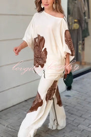 Floral Print Batwing Sleeves Loose-fitting Top and Relaxed Pocket Straight Pants Set