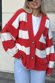 Casual V-neck Long-sleeved Striped Pocket Knitted Cardigan