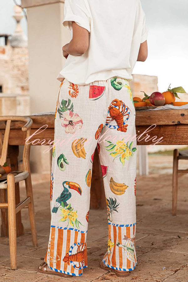 Unique Printed Elastic Waist Pocket Vacation Casual Wide Leg Pants