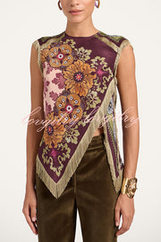 Stunning Floral Print Asymmetric Tassel Trim Scarf Top