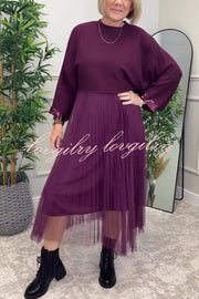 Fenna Ribbed Sequin Trim Batwing Sleeve Sweater and Pleated Tulle Stretch Tank Midi Dress Two-piece Set