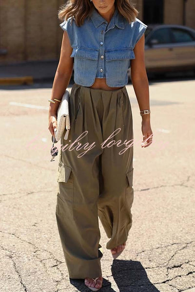 Great Week Pleated Elastic Waist Zipper Pocket Wide Leg Cargo Pants