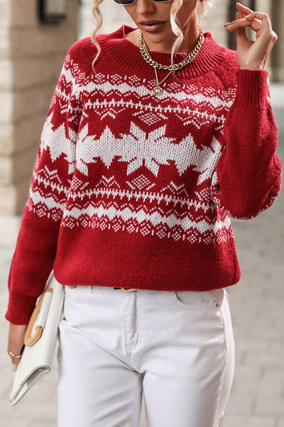 Christmas Snowflake Round Neck Long Sleeve Loose Knitted Sweater