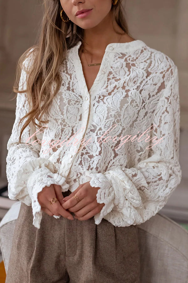 Fashionable Lace Long-sleeved Casual Button-down Shirt